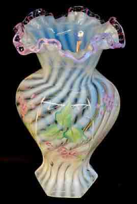 Fenton Flowers On French Opalescent Spiral Optic Dusty Rose Crest Vase QVC