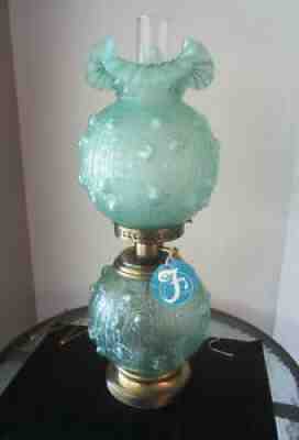 Fenton Sea Mist Green Opalescent Cabbage Rose GWTW Lamp in Original Box