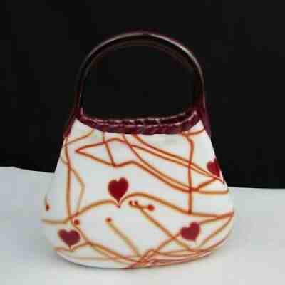 Fenton Dave Fetty White with Red Hanging Hearts and Vines Purse W53
