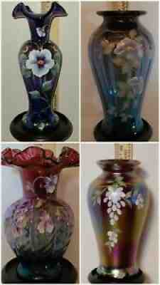 Fenton 4 Vases. 3 are Mulberry glass and 1 is Red Satin