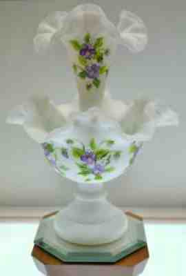 Fenton EPERGNE Silver Crest Satin with HP Purple VIOLETS OOAK FREEusaSHIP