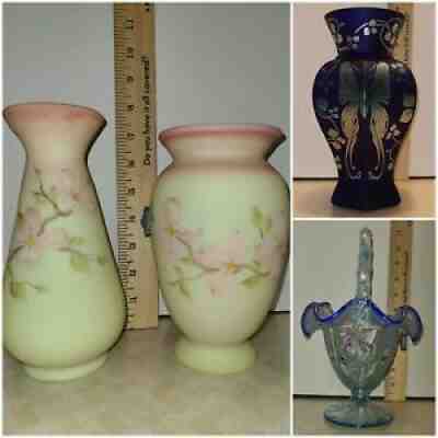 Fenton 2 Burmese Vases, 1 Blue Basket, and 1 Favrene Vase.