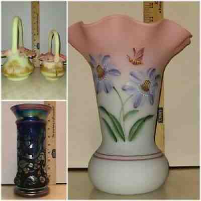 Fenton 2 Burmese Baskets, 1 Blue Burmese Vase and 1 Favrene VaseÂ 