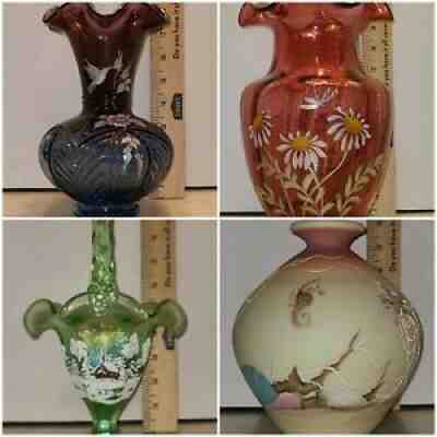 Fenton 1 Mulberry Vase, 1 Cranberry Vase, 1 Burmese Vase, and 1 Green BasketÂ 