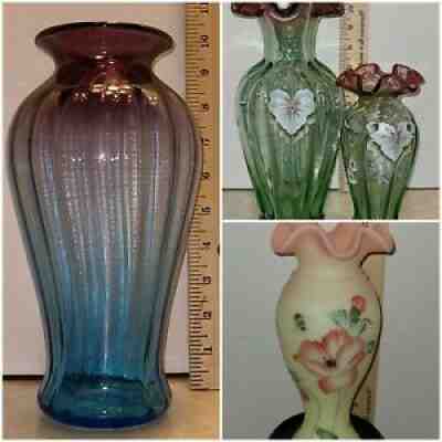 Fenton 4 vases 2 Rubina Verde vases, 1 Mulberry Vase,Â  and 1 Burmese VaseÂ 