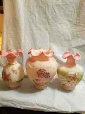 Fenton Burmese Vases 2 Fish 9''tall Ocean vase 9''tall Excellent