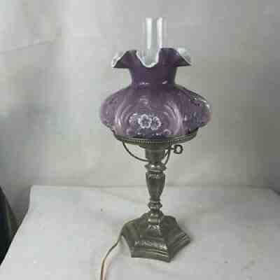 Hand Painted Fenton Student Lamp Purple Glass Shade Signed
