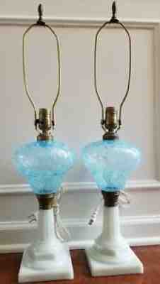 VERY RARE PAIR EARLY FENTON BLUE OPALESCENT DAISY & FERN OIL LAMPS so Beautiful!