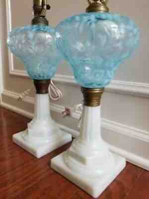 VERY RARE PAIR EARLY FENTON BLUE OPALESCENT DAISY & FERN OIL LAMPS so Beautiful!