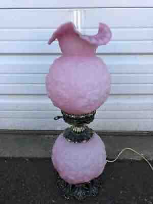 Vintage Fenton Oil Lamp With Pink Puffy Poppy Flowers Rose Large Size Rare