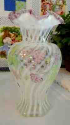 FENTON ART GLASS FRENCH OPALESCENT SPIRAL OPTIC W/PINK UPPER EDGE HEX VASE 1996