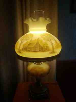 Vintage Fenton Burmese Lamp Satin Uranium Glass Scenic Motif Hand Painted