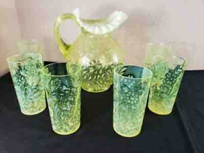 VINTAGE FENTON VASELINE GLASS OPALESCENT DAISY and FERN PATTERN PITCHER GLASSES