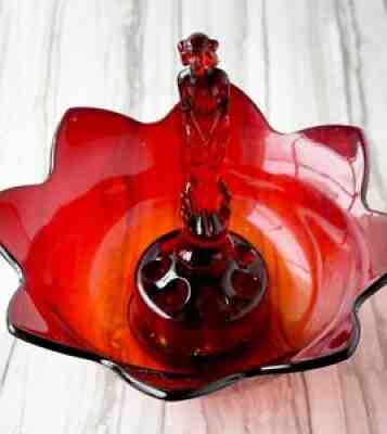 Fenton Glass Red Lotus Bowl with September Morn Nymph Figure with Flower Frog