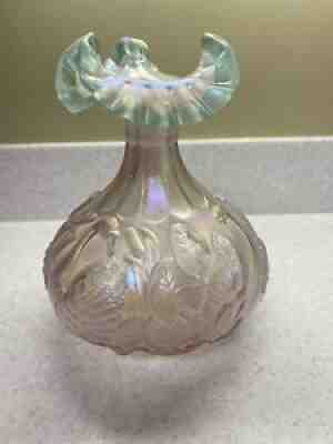 Fenton iridescent opalescent swan pink blue ruffled vase signed George Fenton