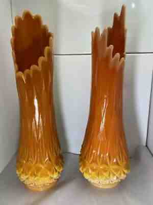 Pair MCM Fenton Stretch Glass Wide Mouth Vases Ambre Orange Scalloped Heavy 21"