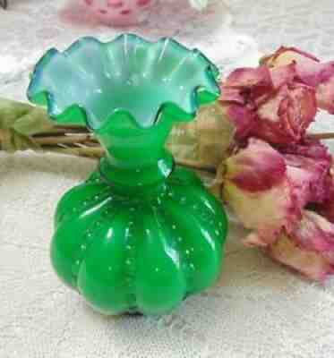 Fenton Green Overlay Beaded Melon Art Glass Vase 4.5