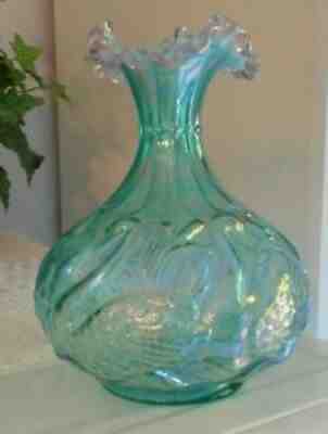 FENTON ART GLASS IRIDIZED PERSIAN BLUE PEARL W/DUSTY ROSE EDGE 1993 QVC