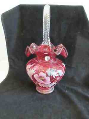 Fenton Cranberry Art Glass Basket Floral Legacy Collection 95th Anniv. Signed