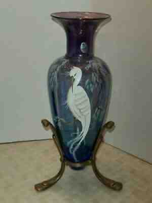 Fenton Mulberry Amphora Vase with Mystical Bird MIB