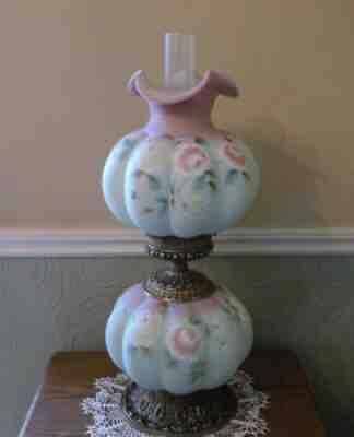 RARE Fenton HP Lotus Mist Burmese JUMBO Melon Lamp GWTW Pink Yellow Flower #319