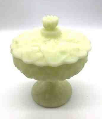 Fenton Water Lily Satin Custard Uranium Glass Candy Dish Lidded Compote Pedestal