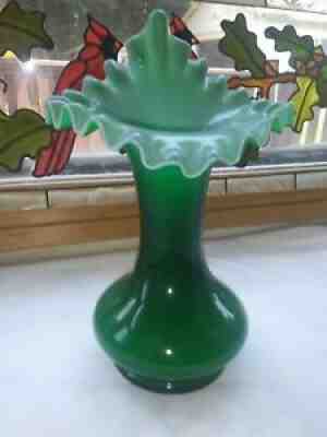 Vintage Fenton Ivy Green Overlay Jack in the Pulpit Vase Glass Big 9" inch EXC