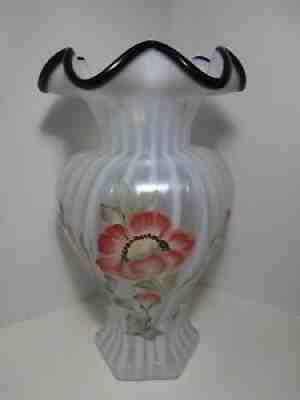 Fenton Opalescent Ebony Crested Hexigonal Optic Rib Hand Painted Poppy Vase