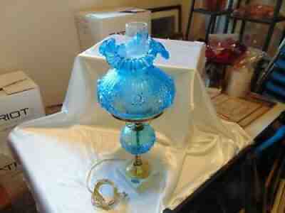 Vintage Fenton Light Blue Cabbage Rose & Gold Lamp w/Marble Base 20â? tall