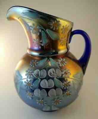 Antique Fenton Cobalt Blue Carnival Glass Cherries & Blossoms Pitcher c.1910