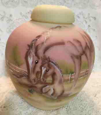 Fenton Art Glass Family Signature Burmese Ginger Jar, Horse & Foal Decor, NIB