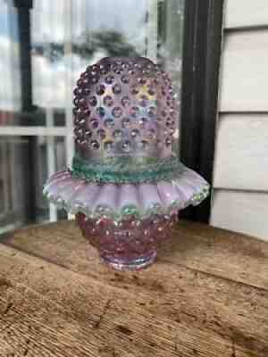 Signed Shelly Fenton Iridescent Purple Hobnail Fairy Lamp with Green Crest