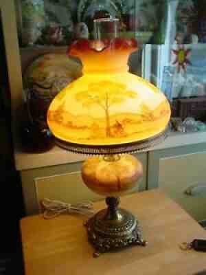 Vintage Fenton Burmese Gone With The Wind Lamp Satin Uranium Glass Scenic Motif