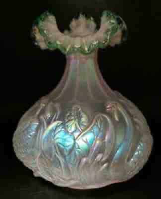 Fenton Iridescent Opalescent Swan Ruffled Vase 8.5" Signed George Fenton EUC