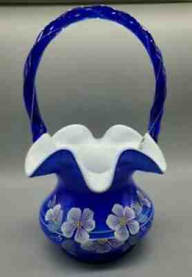 Hand Painted Wild Rose FENTON Basket Cobalt Blue Overlay Legacy Collection