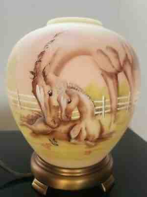 Fenton Burmese Lamp JK Spindler signed hand painted Horses art glass