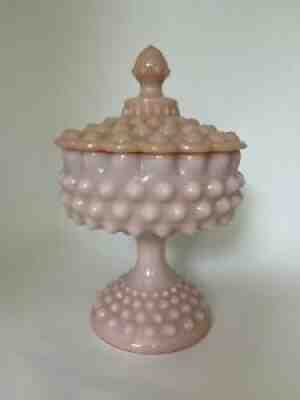 Fenton Rose Pastel Milk Glass Hobnail Candy Dish, Pink Milk Glass, READ