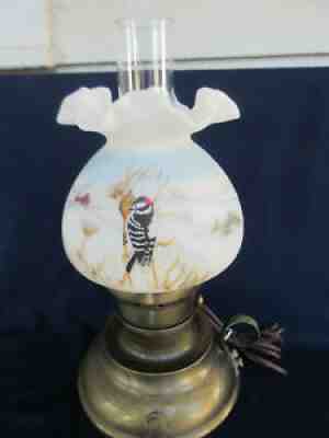 FENTON HAMMERED ALUMINUM OIL ELECTRIC -Â  DOWNY WOODPECKER LAMP NO. 140 OF 500