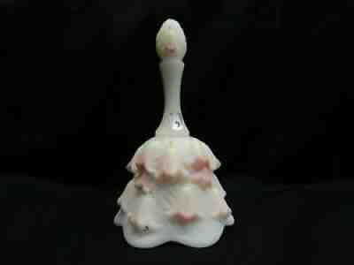 Fenton Lily Temple Bell White Satin Glass Pink Flowers Green Leaves SignedÂ 