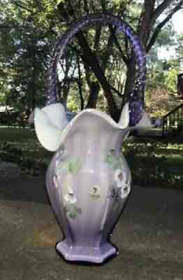 Fenton Violet Purple Overlay hand painted glass Basket Family Signature Series