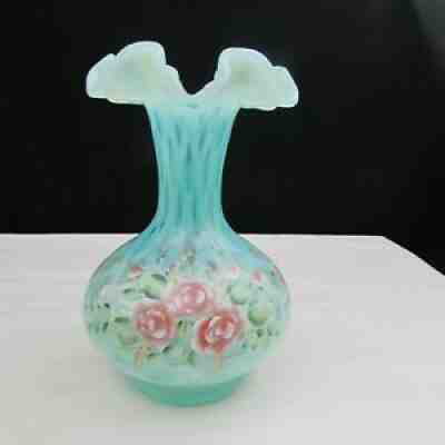 Fenton Blush Rose on Opaline Diamond Optic Hand Painted Vase LE 1996 C2135