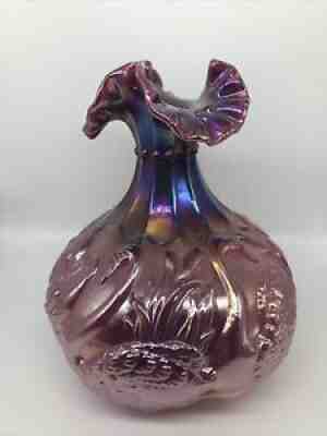 Fenton Art Glass Plum Opalescent Carnival SWAN Vase
