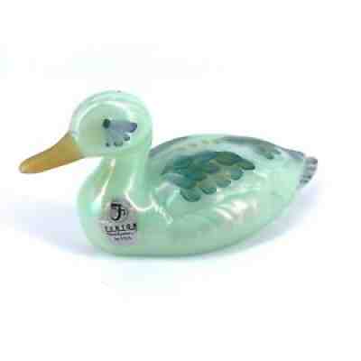 Vtg Fenton Sea Mist Green Glass Duck Hand Painted Floral Figurine Signed