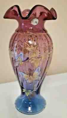 Rare Fenton Hand Painted Mulberry Vase-10.5â? - Butterfly Courtyard