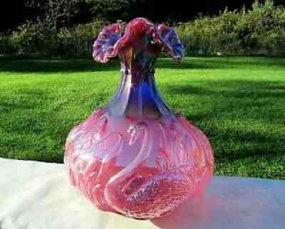 Fenton Plum Opalescent Carnival Glass SWAN Vase 8.25"H x 7.25"W Mint Very HTF