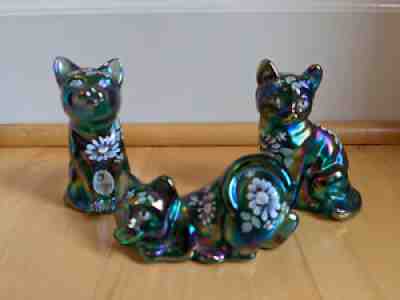 Fenton Glass Set of 3 Cats Spruce Green Carnival 423/1950, 5000US