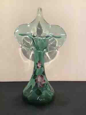 Fenton Jack in the Pulpit Tulip Emerald Color Glass Vase Purple Flowers Signed