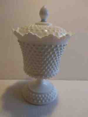 RARE LARGE FENTON GLASS HOBNAIL WHITE MILK GLASS COMPOTE PEDESTAL URN WITH LID