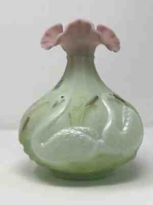 Rare George Fenton Glass Signed Iridescent Ruffled Multicolor Swan Vase 8" Tall