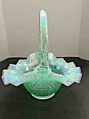 Fenton Willow Green Iridescent Hobnail Basket Pink Crest